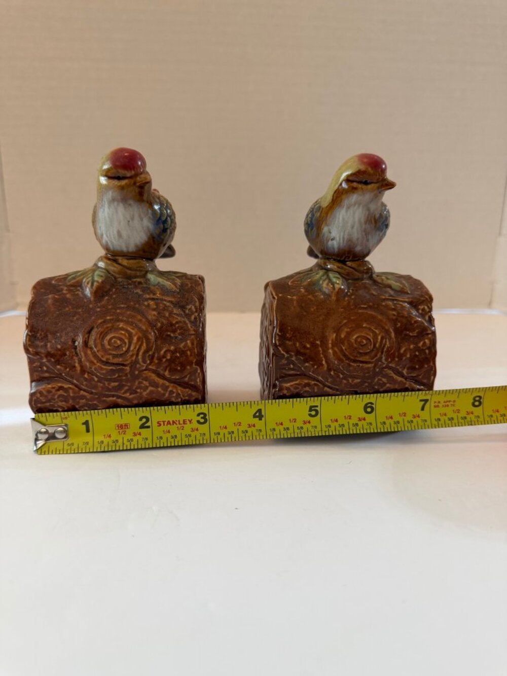 Deluxe Imports Ceramic Bird Bookends Rustic Brown Tree Log Pair 4.5 In